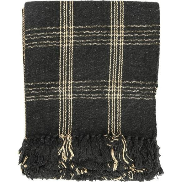 Plaid woven cotton throw blanket black tan fringe farmhouse rustic home decor 60 - Picture 1 of 8